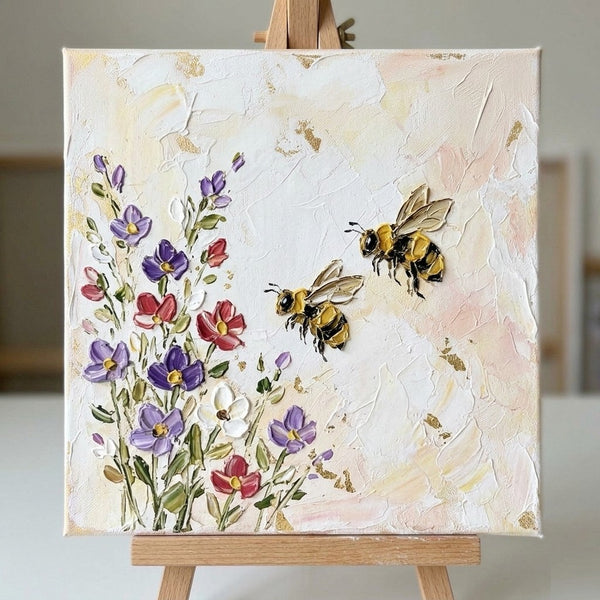 Miniature Canvas Painting, Blooming Flowers and Busy Bees, Hand Painted Canvas Art, Impasto Artwork, Original Acrylic Paintings, Buy Small Art Online, Cute Small Canvas Wall Art