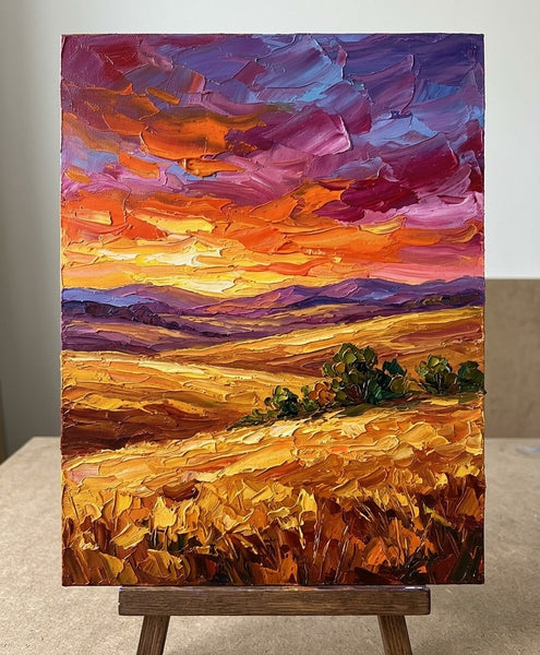 Impasto Painting, Sunset Glow Over the Vast Plains, Small Canvas Artwork for Sale, Original Canvas Paintings, Heavy Texture Paintings on Canvas