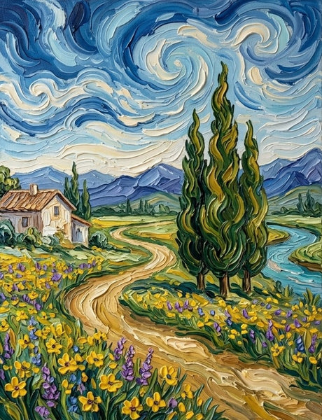 Original Landscape Paintings, Swirling Cypresses Under Starry Night Sky, Original Oil Paintings, Heavy Texture Paintings, Hand Painted Canvas Art, Small Canvas Artwork