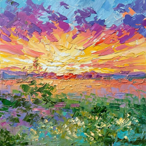 Original Oil Painting for Sale, Sunset Glow Over Golden Plains, Hand Painted Canvas Art, Heavy Texture Paintings, Original Landscape Paintings, Small Art on Canvas