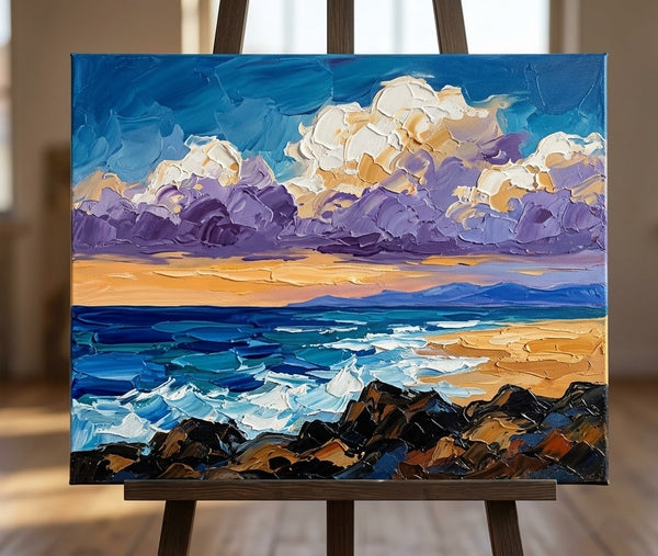 Original Seascape Paintings, Waves and Cliffs Under Twilight Sky, Impasto Heavy Texture Art, Small Canvas Wall Art Paintings, Original Paintings for Sale, Hand Painted Canvas Art