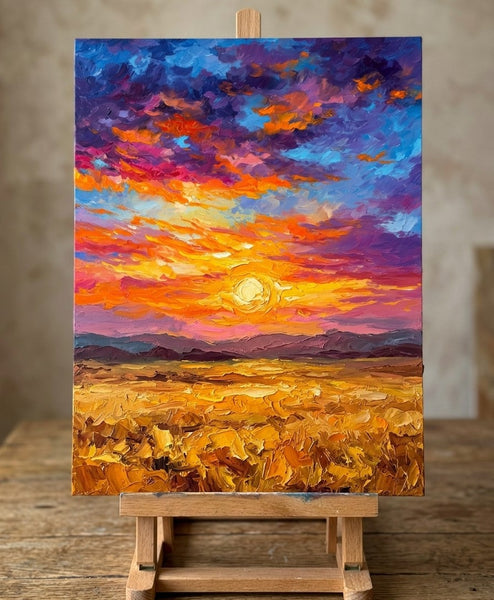 Original Small Paintings for Sale, Sunset Overflowing Golden Plains, Original Landscape Paintings, Hand Painted Canvas Art, Impasto Paintings, Small Artwork for Sale