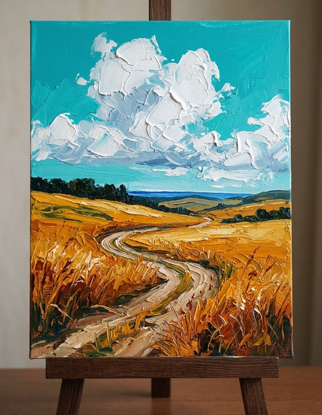 Golden Wheat Path, Original Landscape Paintings, Small Canvas Wall Art Paintings, Original Artwork for Sale, Hand Painted Canvas Art, Impasto Heavy Texture Art