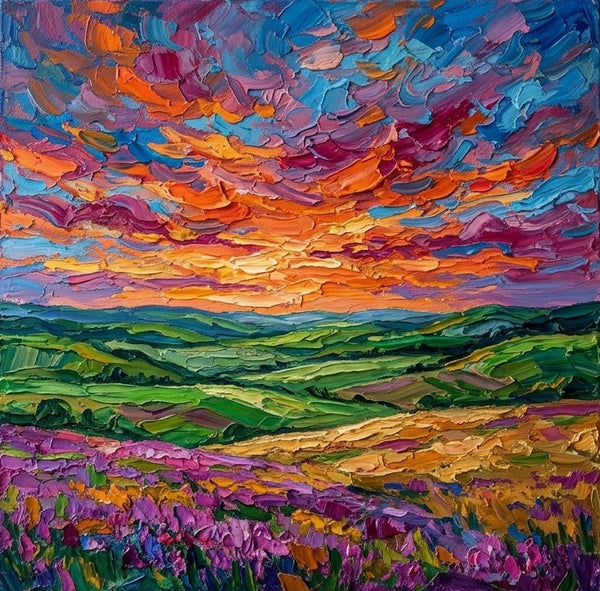 Hand Painted Canvas Art, Sunset Sky Over the Meadow, Original Oil Painting for Sale, Heavy Texture Paintings, Original Landscape Paintings, Miniature Art on Canvas