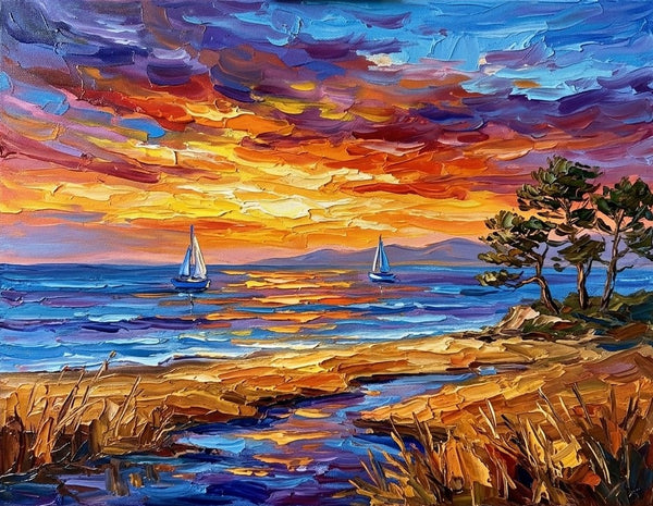 Original Oil Paintings, Sailboats Beneath Sunset Blaze, Original Seascape Paintings, Buy Small Paintings Online, Hand Painted Canvas Art, Small Canvas Artwork