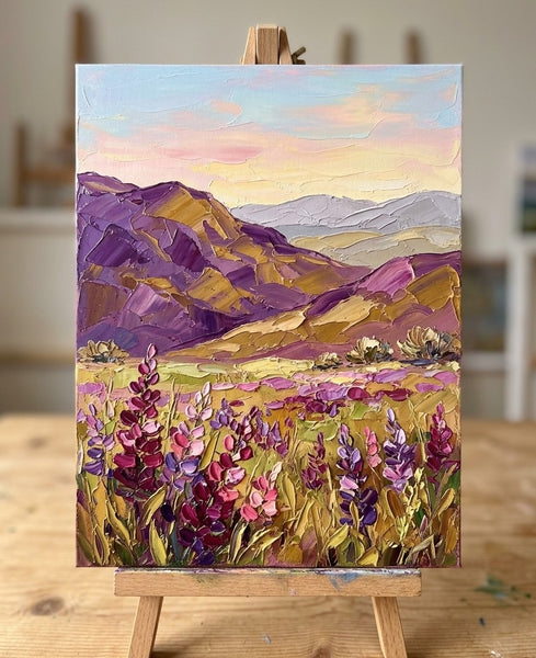 Abstract Landscape Paintings, Flowers Awaken Beneath Purple Hills, Small Canvas Artwork for Sale, Original Oil Paintings, Heavy Texture Paintings, Hand Painted Canvas Art