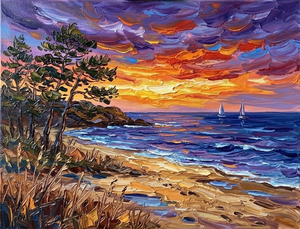 Sunset Sails on the Coast, Original Landscape Paintings, Original Oil Paintings, Buy Small Paintings Online, Hand Painted Canvas Art, Small Canvas Artwork for Sale