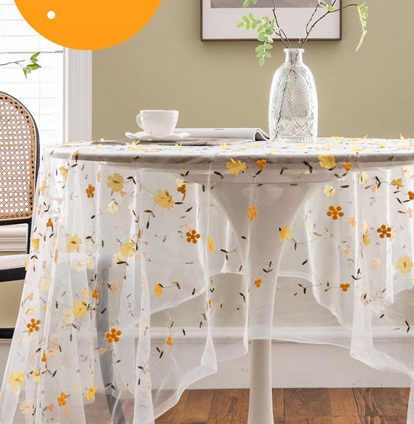 Yellow Flower Lace Tablecloths, Extra Large Rectangular Tablecloth for Oval Table, Lace Embroidered Table Covers, Rectangular Table Covers for Coffee Table-Paintingforhome