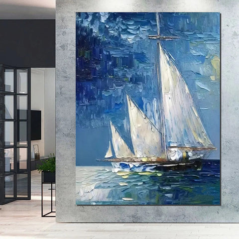 Modern Acrylic Canvas Painting, Simple Painting Ideas for Dining Room, Acrylic Painting on Canvas, Oversized Canvas Painting for Sale, Sail Boat Paintings-Paintingforhome
