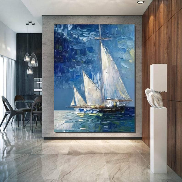 Modern Acrylic Canvas Painting, Simple Painting Ideas for Dining Room, Acrylic Painting on Canvas, Oversized Canvas Painting for Sale, Sail Boat Paintings-Paintingforhome