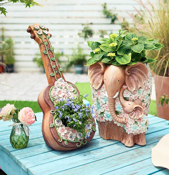 Modern Garden Flower Pot, Unique Guitar Flowerpot for Garden Ornaments, Beautiful Guitar Flowerpot, Villa Outdoor Decor Gardening Ideas-Paintingforhome
