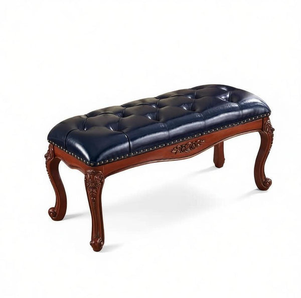 Entryway Bench, Leather Lounge Chair Modern, Farmhouse Blue Leather Stool, Genuine Leather Solid Wood Entry Bench, Vintage Dressing Table Stool, Rubber Wood Footstool-Paintingforhome
