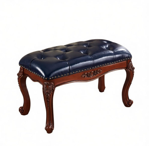 Entryway Bench, Leather Lounge Chair Modern, Farmhouse Blue Leather Stool, Genuine Leather Solid Wood Entry Bench, Vintage Dressing Table Stool, Rubber Wood Footstool-Paintingforhome