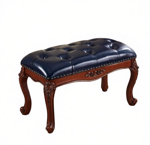 Entryway Bench, Leather Lounge Chair Modern, Farmhouse Blue Leather Stool, Genuine Leather Solid Wood Entry Bench, Vintage Dressing Table Stool, Rubber Wood Footstool-Paintingforhome