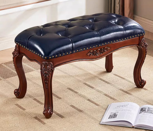 Entryway Bench, Leather Lounge Chair Modern, Farmhouse Blue Leather Stool, Genuine Leather Solid Wood Entry Bench, Vintage Dressing Table Stool, Rubber Wood Footstool-Paintingforhome