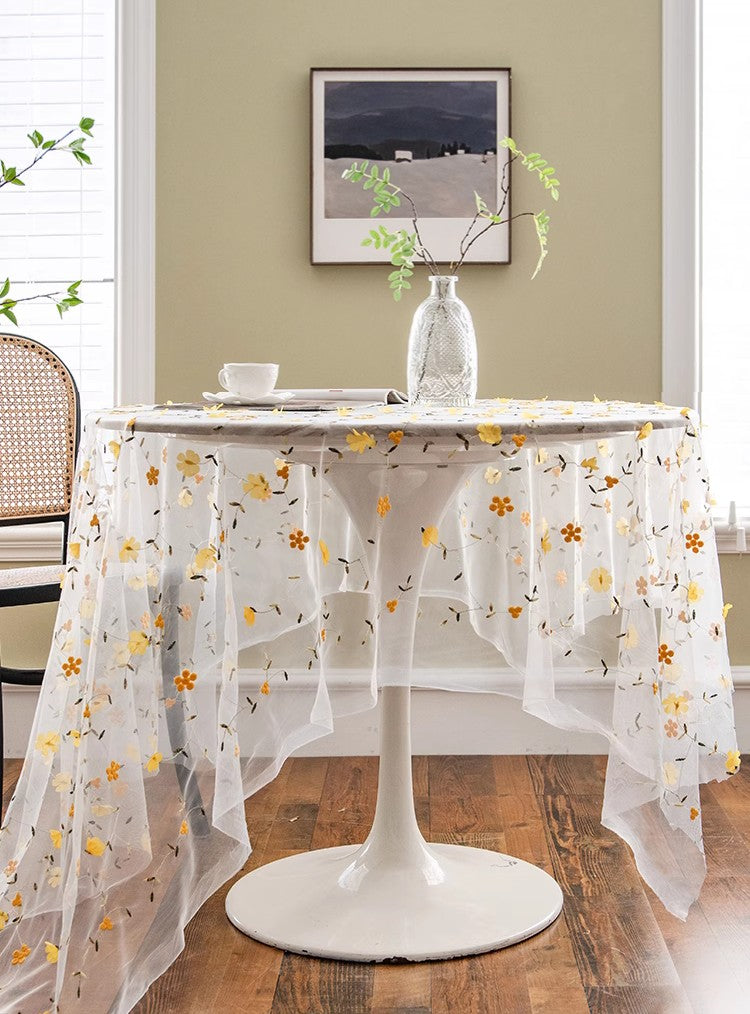 Yellow Flower Lace Tablecloths, Extra Large Rectangular Tablecloth for Oval Table, Lace Embroidered Table Covers, Rectangular Table Covers for Coffee Table-Paintingforhome
