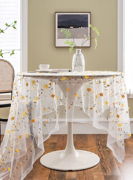 Yellow Flower Lace Tablecloths, Extra Large Rectangular Tablecloth for Oval Table, Lace Embroidered Table Covers, Rectangular Table Covers for Coffee Table-Paintingforhome