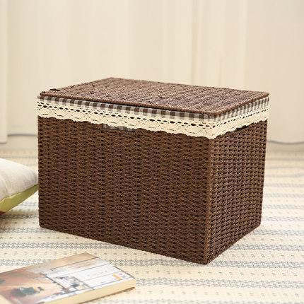 Large Deep Brown / Cream Color Woven Straw basket with Cover, Storage Basket for Toys, Rectangle Storage Basket, Storage Basket for Clothes-Paintingforhome