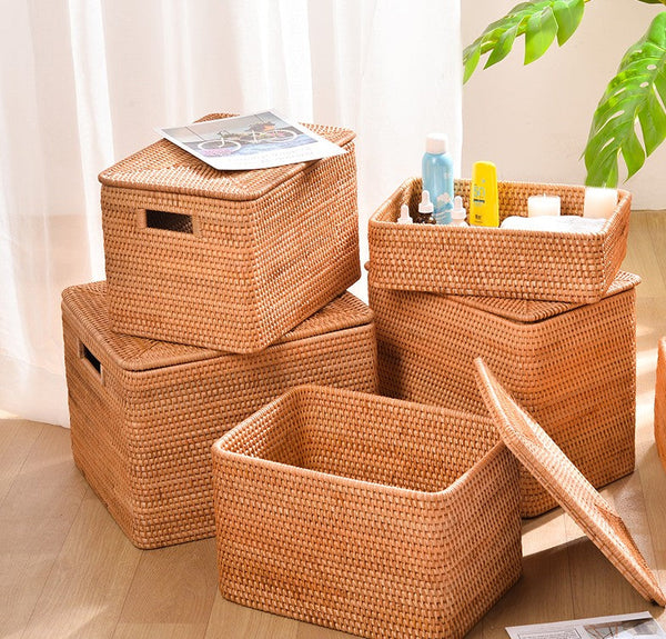 Rectangular Storage Basket with Lid, Rattan Basket, Storage Basket for Shelves, Storage Baskets for Bathroom, Bedroom Storage Baskets-Paintingforhome