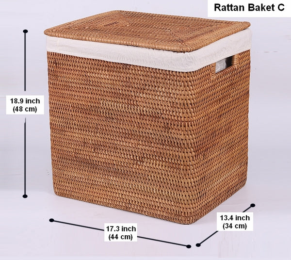 Storage Baskets for Bathroom, Rectangular Storage Baskets, Large Brown Rattan Storage Baskets, Storage Basket with Lid, Storage Baskets for Clothes-Paintingforhome