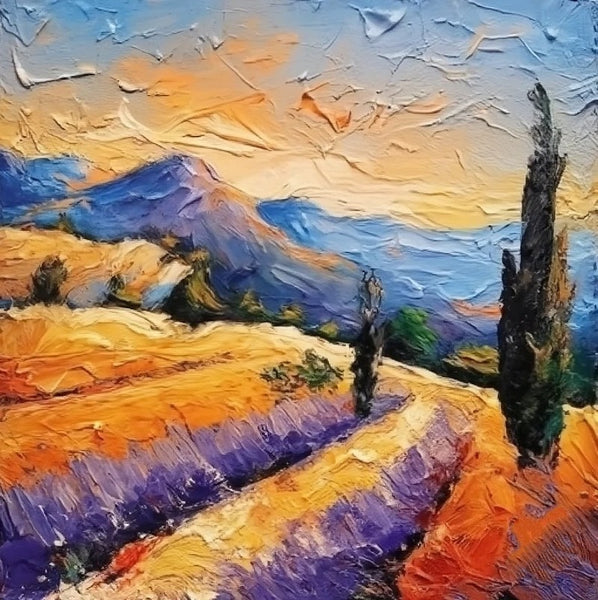 Simple Small Canvas Paintings, Original Small Landscape Paintings, Provence Lavender Field Cypress Tree Painting, Heavy Texture Acrylic Artwork, Easy Landscape Painting Ideas-Paintingforhome