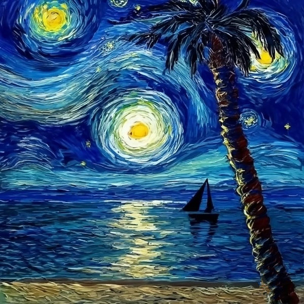 Heavy Texture Canvas Art, Easy Seascape Painting Ideas, Simple Small Canvas Paintings, Palette Knife Paintings, Sail Boat under Starry Night Painting, Small Landscape Painting-Paintingforhome