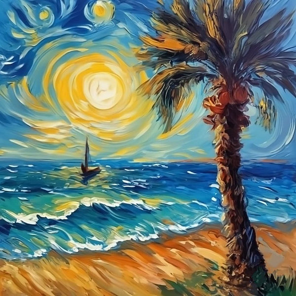Palm Tree Sail Boat Seashore Beach Painting, Heavy Texture Canvas Art, Original Small Landscape Paintings, Small Palette Knife Oil Paintings, Easy Landscape Painting Ideas, Simple Small Canvas Paintings-Paintingforhome