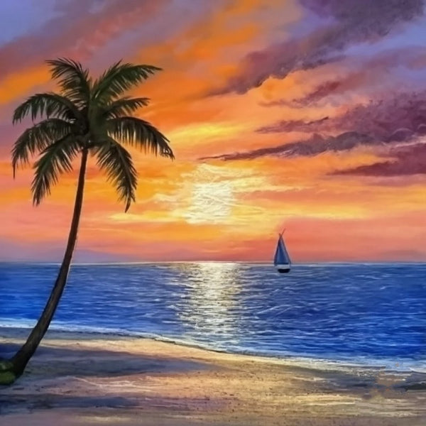Original Small Landscape Paintings, Hawaii Seashore Beach Sail Boat Sunset Painting, Simple Small Canvas Paintings, Heavy Texture Acrylic Artwork, Easy Landscape Painting Ideas-Paintingforhome