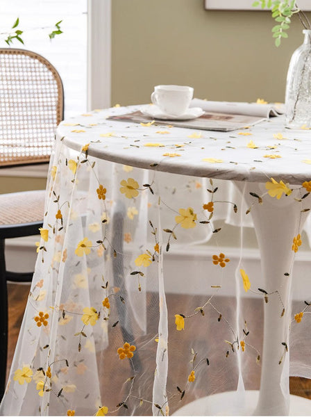Yellow Flower Lace Tablecloths, Extra Large Rectangular Tablecloth for Oval Table, Lace Embroidered Table Covers, Rectangular Table Covers for Coffee Table-Paintingforhome