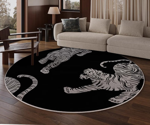Modern Rugs for Dining Room, Tiger Black Modern Rugs for Bathroom, Abstract Contemporary Round Rugs, Circular Modern Rugs under Coffee Table-Paintingforhome