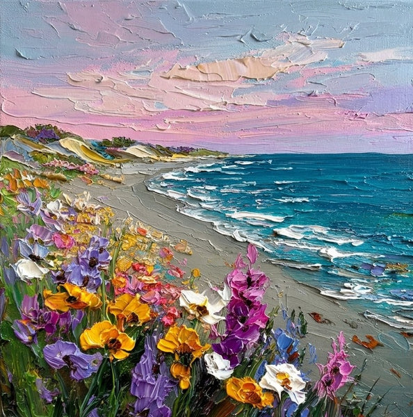 Seashore Beach Painting, Seaside Flower Wilderness, Hand Painted Canvas Art, Original Oil Painting for Sale, Heavy Texture Paintings