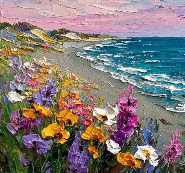 Seashore Beach Painting, Seaside Flower Wilderness, Hand Painted Canvas Art, Original Oil Painting for Sale, Heavy Texture Paintings