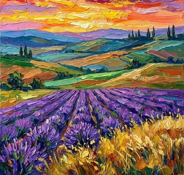 Sunset Over Lavender Fields, Original Landscape Paintings, Hand Painted Canvas Art, Impasto Paintings for Sale, Small Artwork for Sale