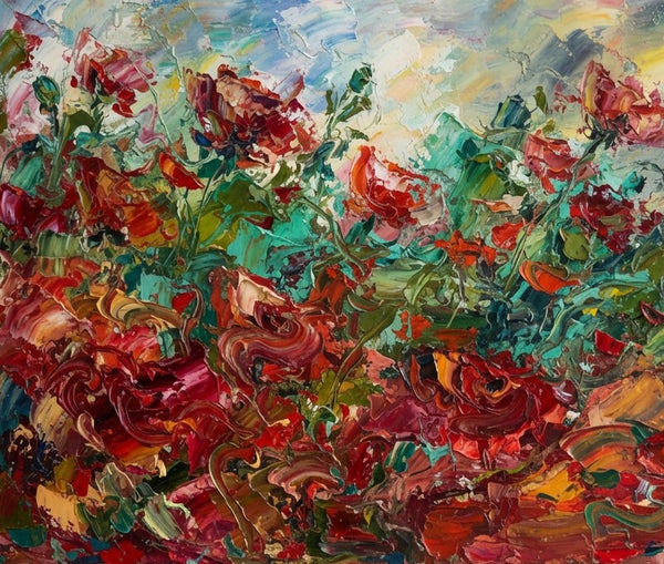 Heavy Texture Artwork, Abstract Red Poppy Flower Field Painting, Original Oil Paintings, Original Landscape Paintings, Impasto Paintings