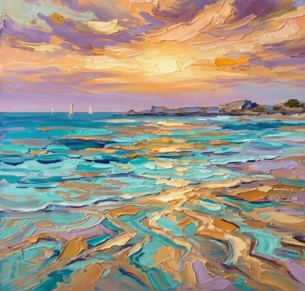 Sails on the Sunny Evening Sea, Hand Painted Canvas Art, Original Landscape Paintings, Impasto Canvas Artwork