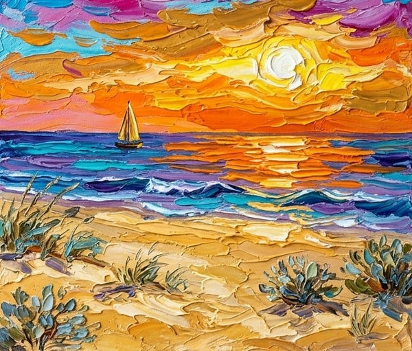 Hand Painted Canvas Art, Sunset Bay Evening Charm, Seashore Beach Painting, Heavy Texture Paintings, Original Landscape Paintings