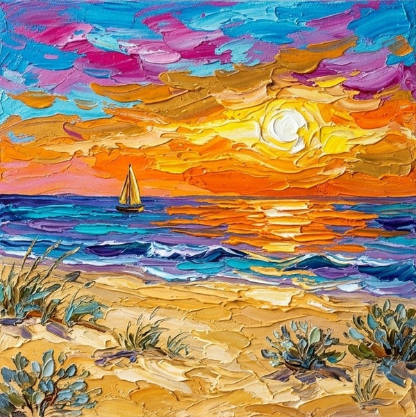 Hand Painted Canvas Art, Sunset Bay Evening Charm, Seashore Beach Painting, Heavy Texture Paintings, Original Landscape Paintings