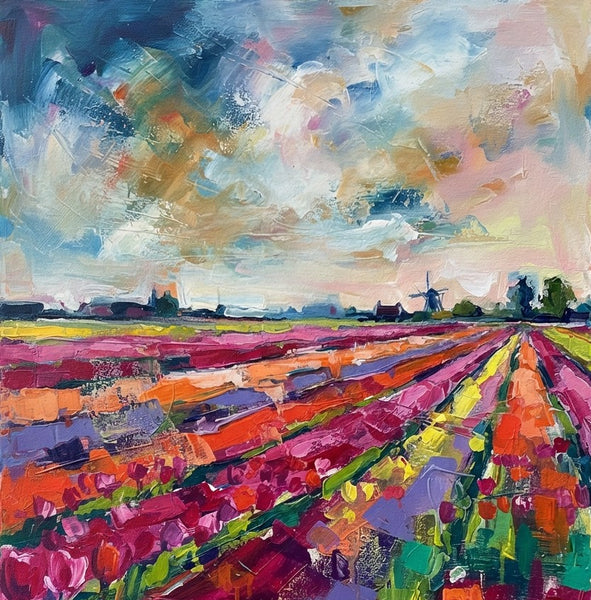 Original Small Art, Abstract Red Tulip Flower Field Painting, Abstract Landscape Painting, Original Small Painting, Hand Painted Canvas Art, Palette Knife Paintings