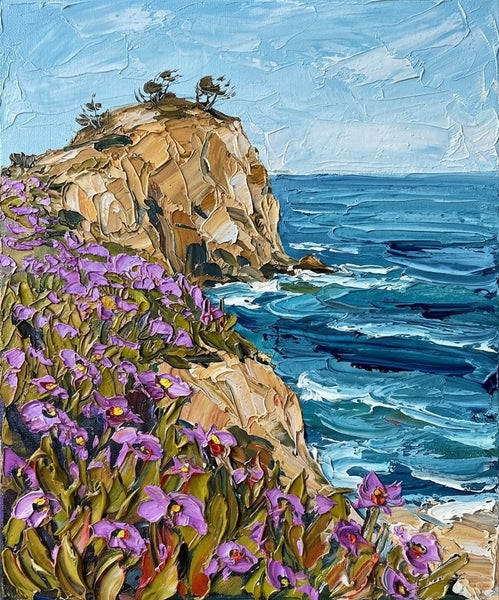 Original Seashore Paintings, Purple Blooms on the Cliff Edge, Heavy Texture Paintings on Canvas, Small Canvas Artwork for Sale