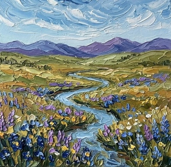 Original Oil Paintings for Sale, Original Landscape Paintings, Winding River Under Cloudy Sky, Buy Small Paintings Online