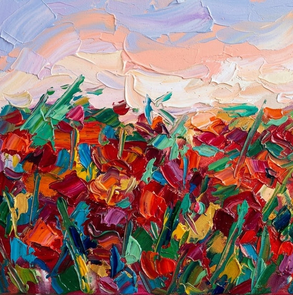 Abstract Red Poppy Field Painting, Original Landscape Paintings, Impasto Paintings, Heavy Texture Artwork, Original Oil Paintings