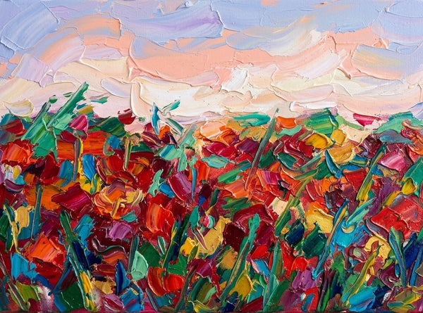 Abstract Red Poppy Field Painting, Original Landscape Paintings, Impasto Paintings, Heavy Texture Artwork, Original Oil Paintings