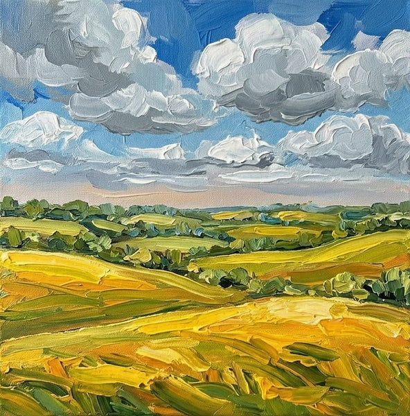 Original Landscape Paintings, Clouds Over Golden Fields, Hand Painted Canvas Art, Impasto Heavy Texture Art, Original Artwork