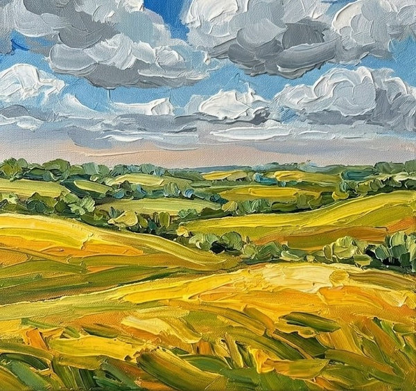 Original Landscape Paintings, Clouds Over Golden Fields, Hand Painted Canvas Art, Impasto Heavy Texture Art, Original Artwork
