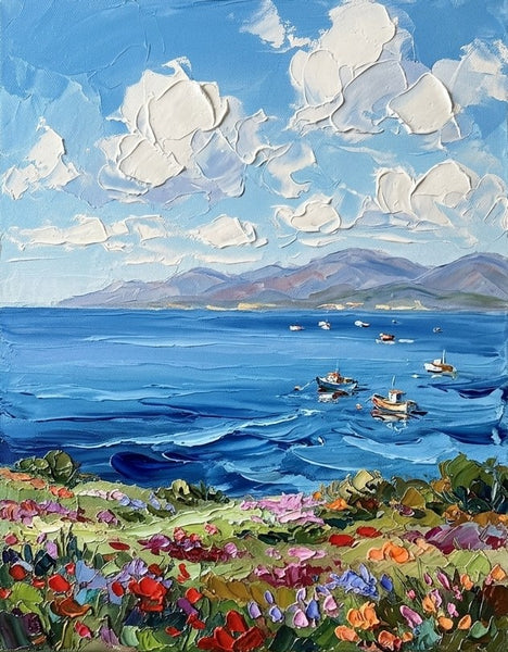Impasto Painting, Heavy Texture Paintings on Canvas, Blooms Under Sunny Sea Sky, Original Seashore Paintings, Small Canvas Art