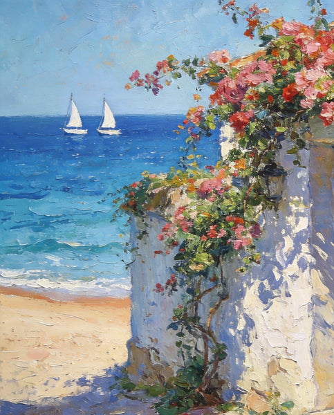 Blooming Bougainvillea and the Azure Mediterranean, Seashore Beach Paintings, Original Oil Paintings, Buy Small Artwork Online