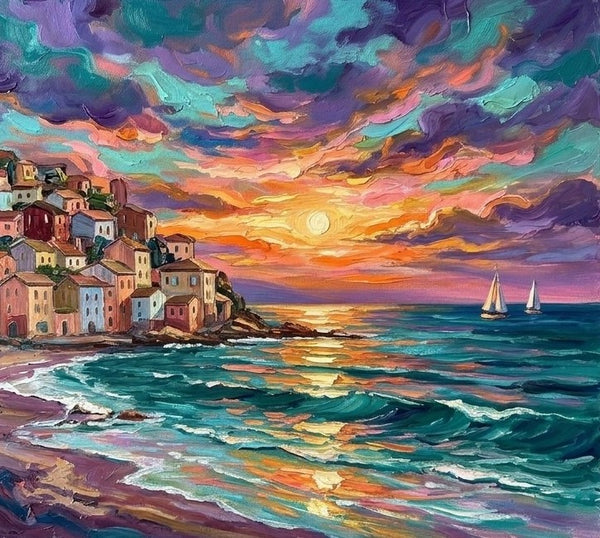 Small Canvas Artwork for Sale, Sunset Glow Over the Harbor, Seashore Beach Painting, Original Seascape Paintings, Small Paintings on Canvas