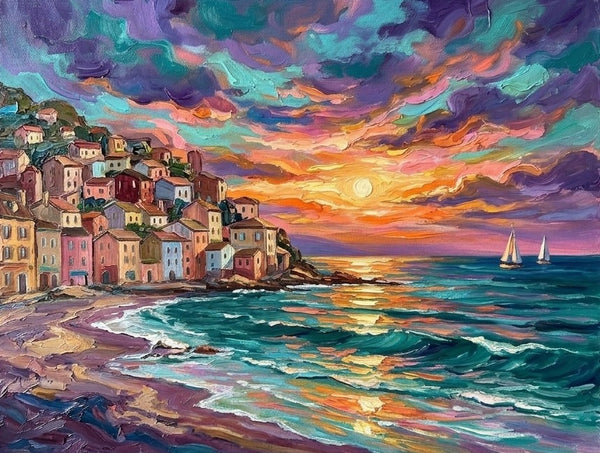 Small Canvas Artwork for Sale, Sunset Glow Over the Harbor, Seashore Beach Painting, Original Seascape Paintings, Small Paintings on Canvas