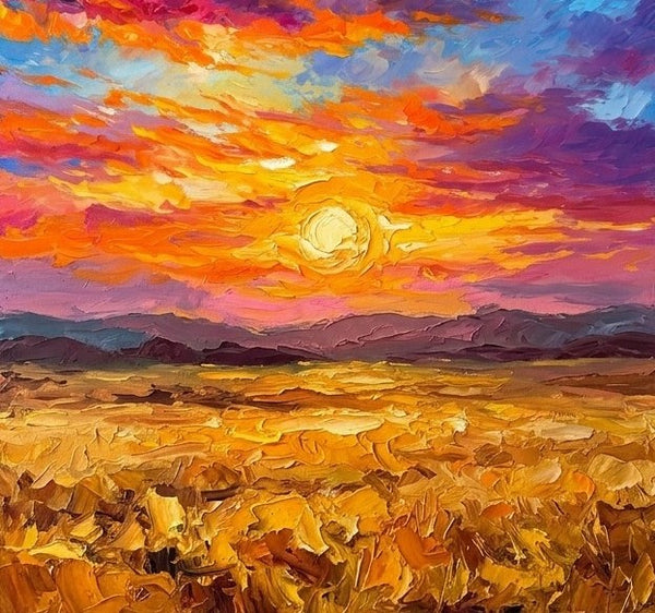 Sunset Overflowing Golden Plains, Original Landscape Paintings, Hand Painted Canvas Art, Impasto Paintings, Small Artwork for Sale