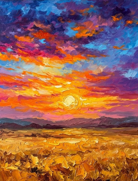 Sunset Overflowing Golden Plains, Original Landscape Paintings, Hand Painted Canvas Art, Impasto Paintings, Small Artwork for Sale